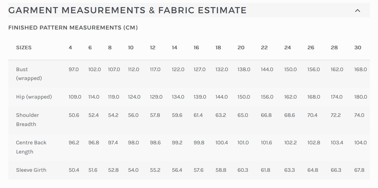 Garment measurements table with bust, hip, shoulder, and sleeve data.