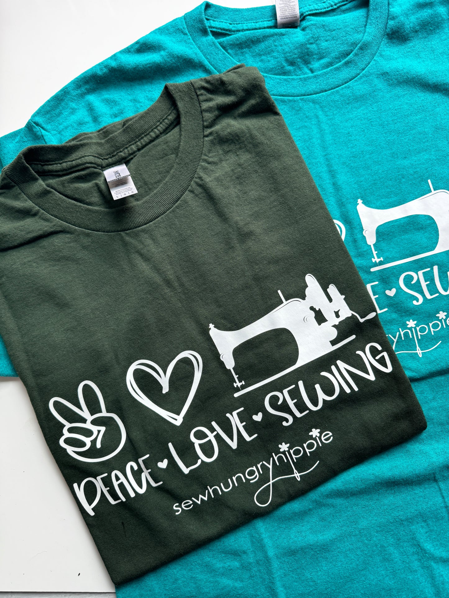 Peace Love Sewing t shirts olive green