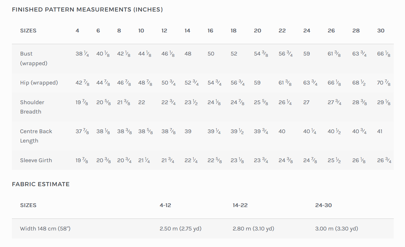 Size chart with measurements in inches.