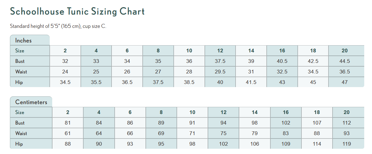 Schoolhouse Tunic Sizing Chart - Bust, Waist, Hip measurements in inches &...