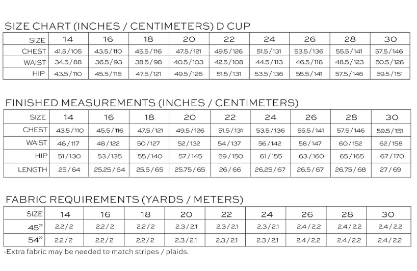 Size chart for D cup, measurements and fabric requirements