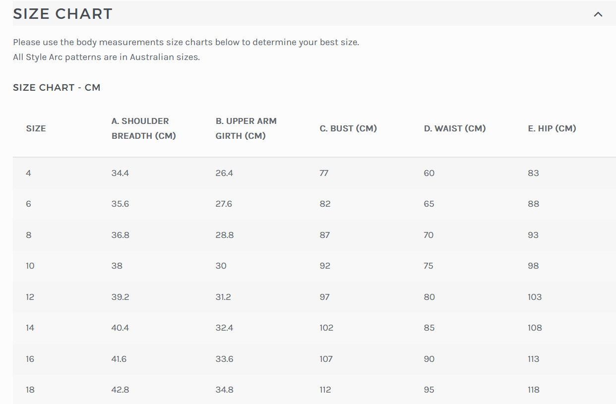 Size chart with measurements in centimeters.