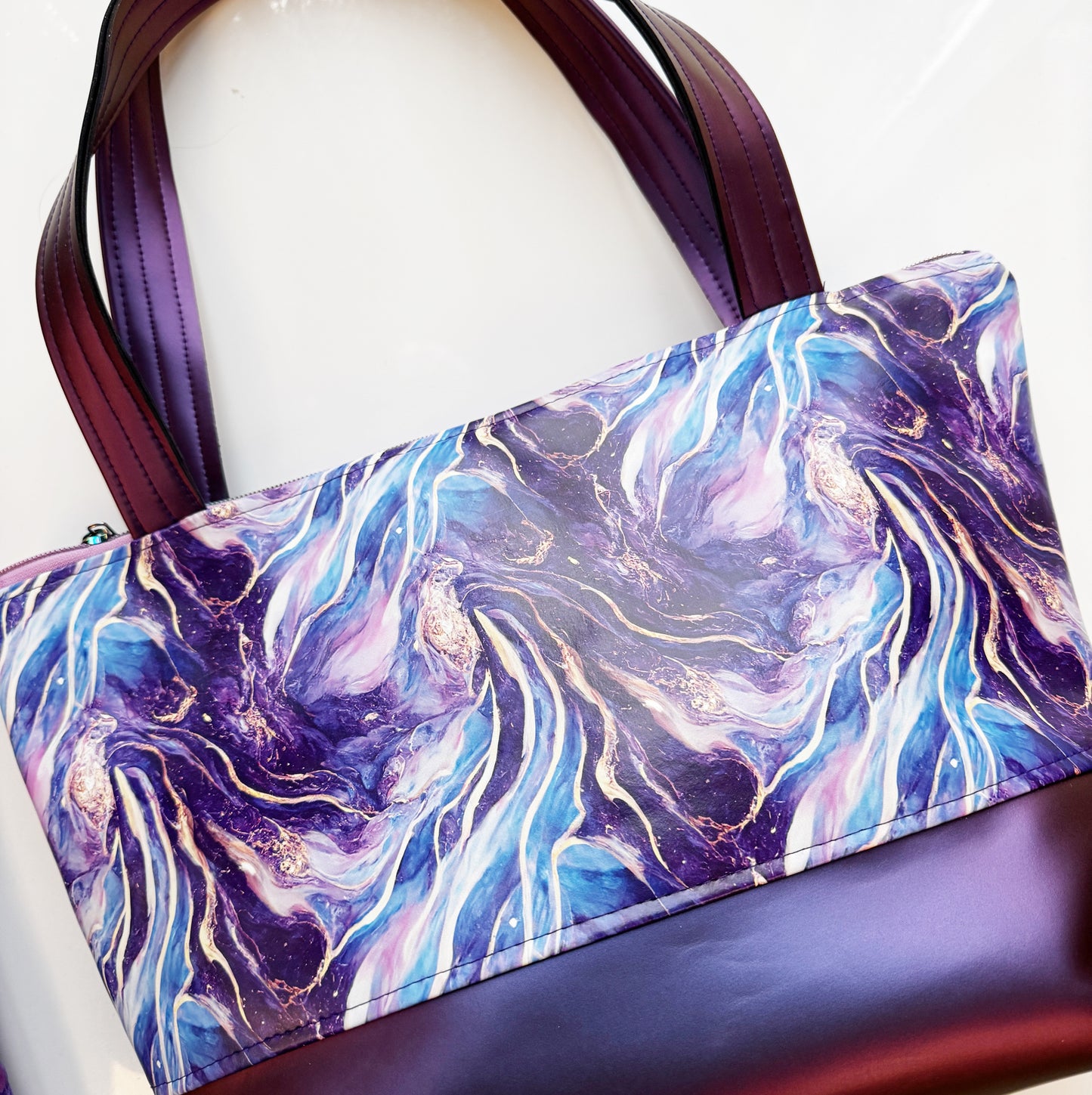 Purple and blue marbled tote bag, 30BF33E9-E237-48D4-9E01-A74AC13114BF