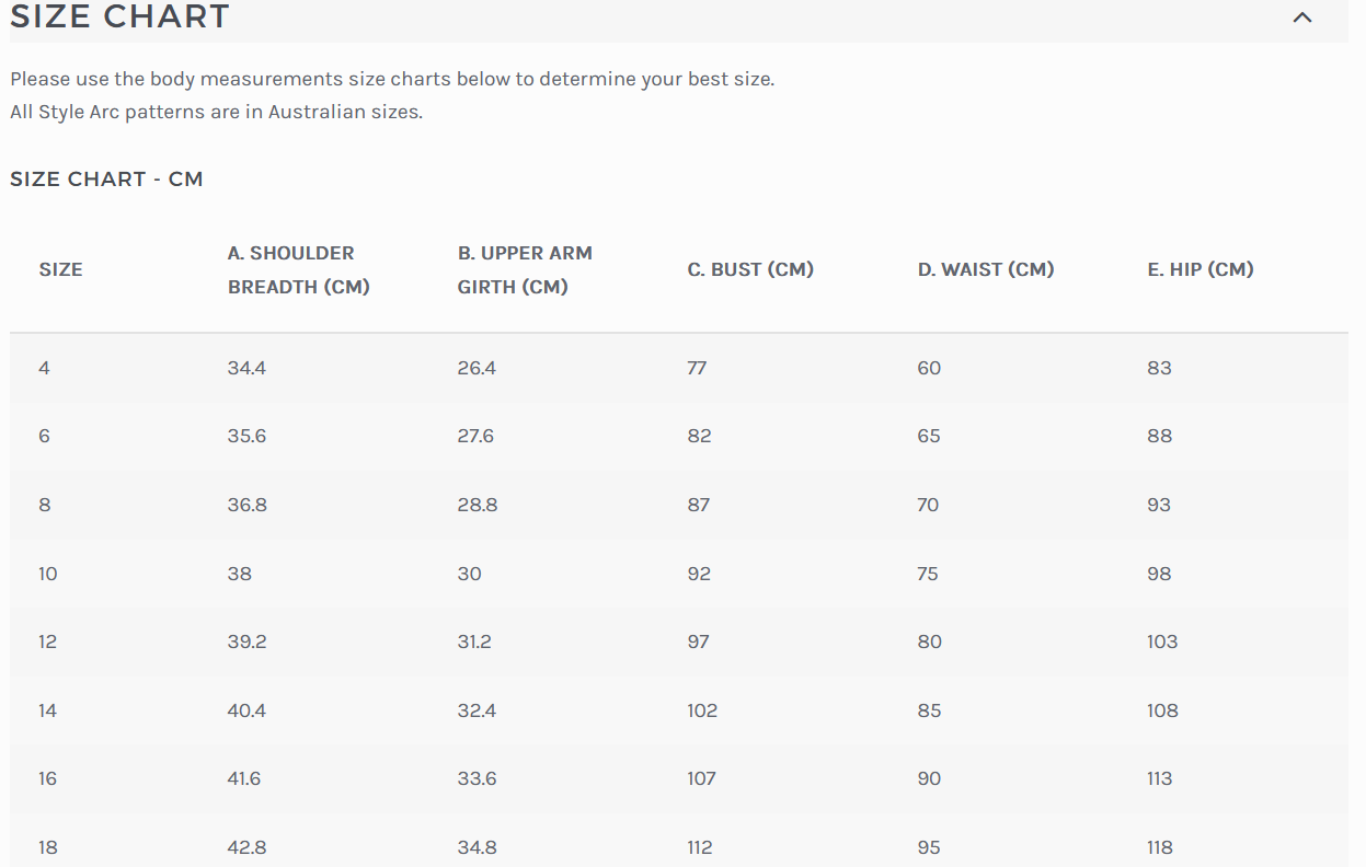 Style Arc size chart in cm
