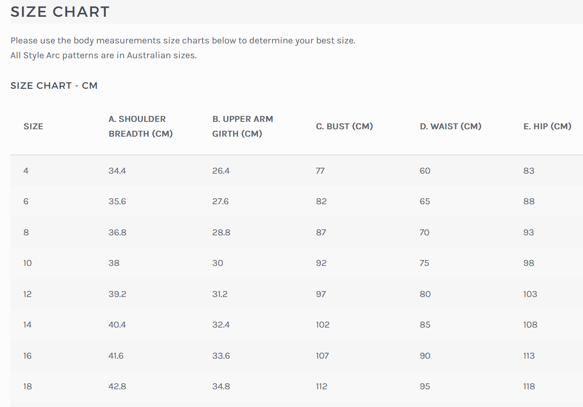 Size chart for Australian Style Arc patterns, size 4.