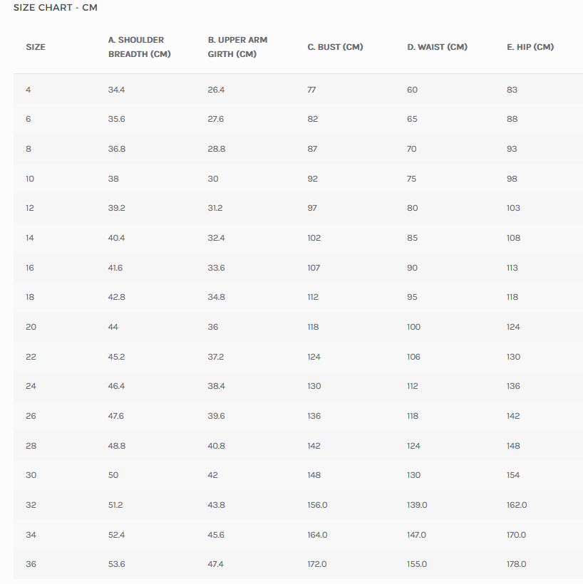 Size chart for size 4 dress.