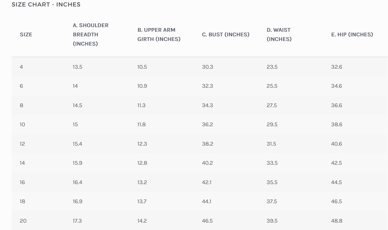 Size chart with measurements in inches.