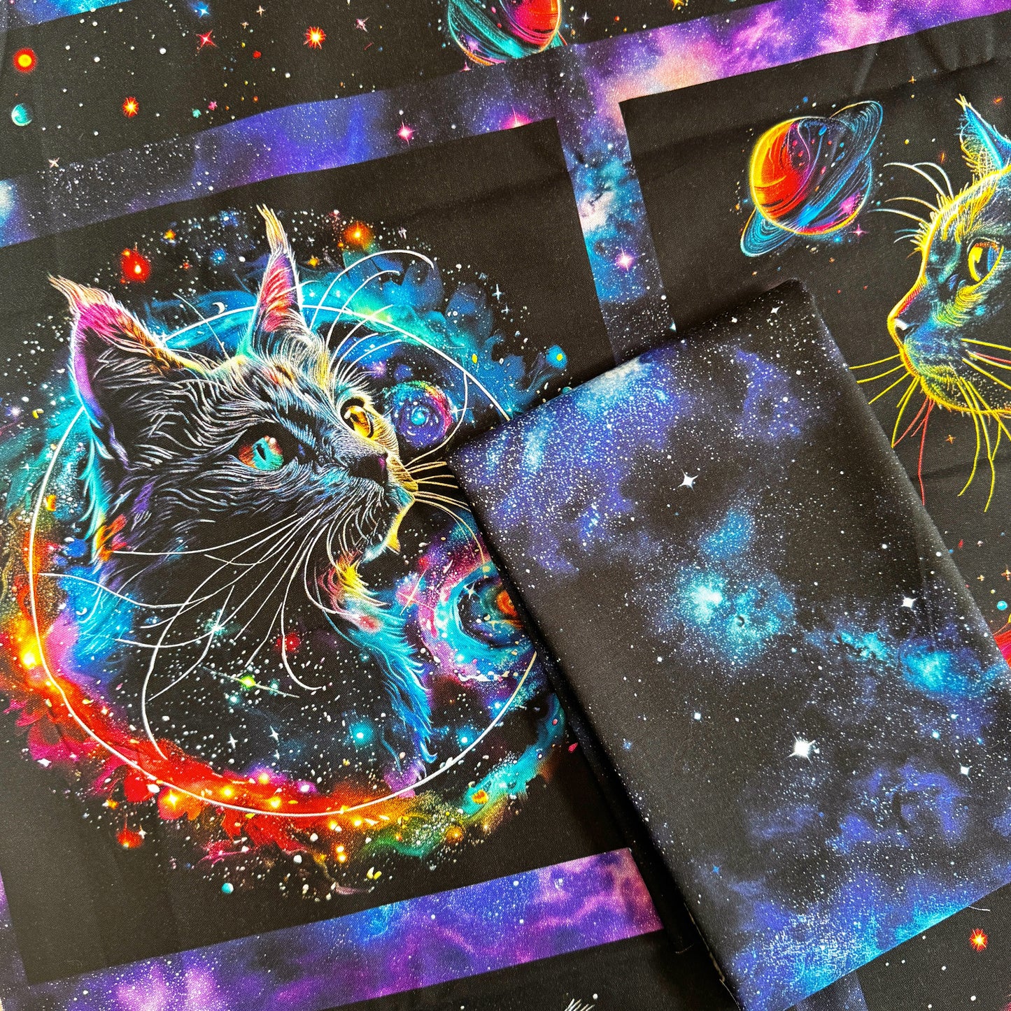 Space Cats Fabric Bundle – Celestial Cats Panel & Galaxy Fabric, 2 Yards