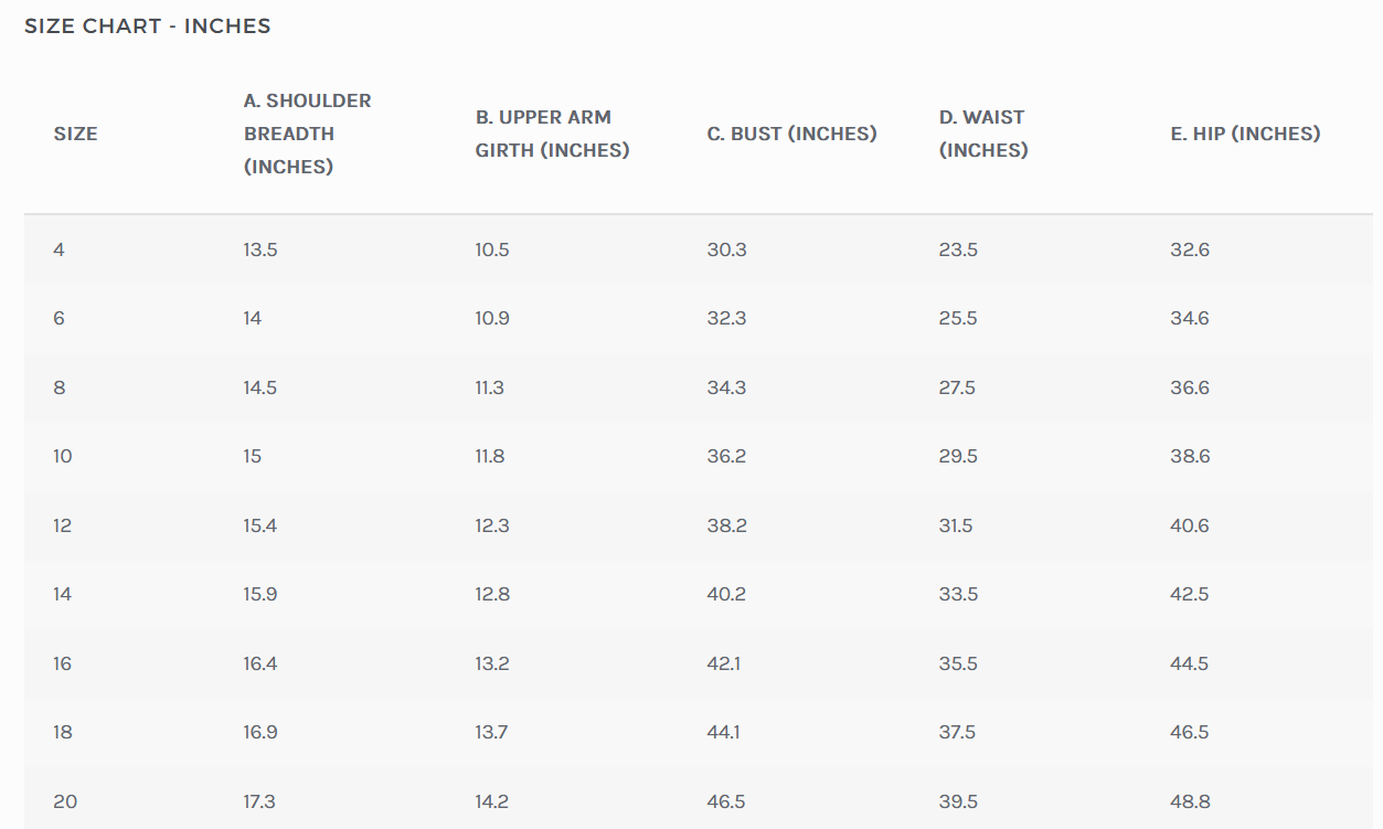 shoulder, bust, waist, and hip measurements.