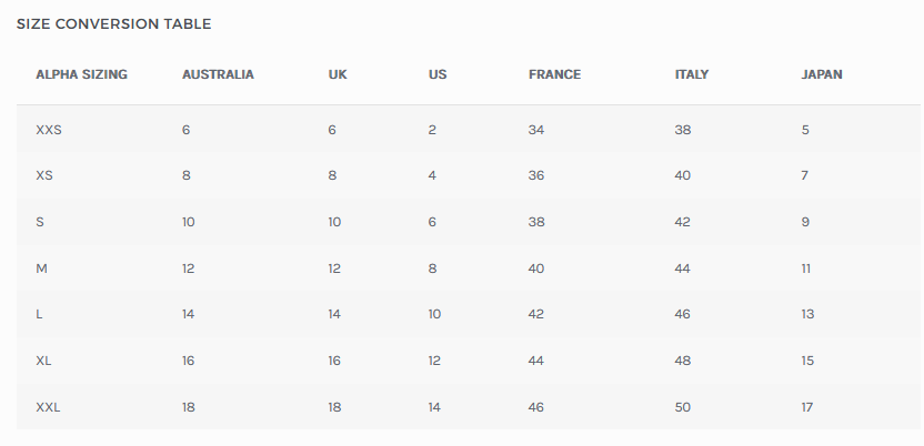 Size conversion chart for clothing sizes...