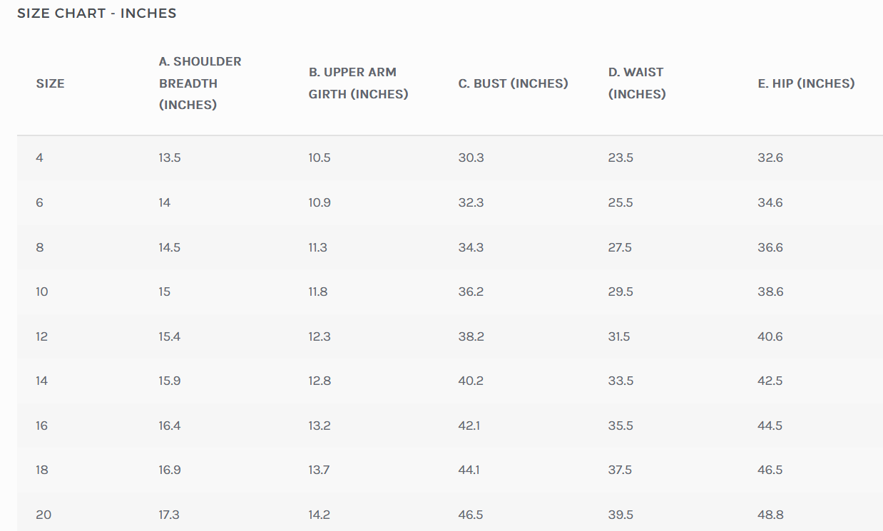 Size chart in inches for size 6 measurements