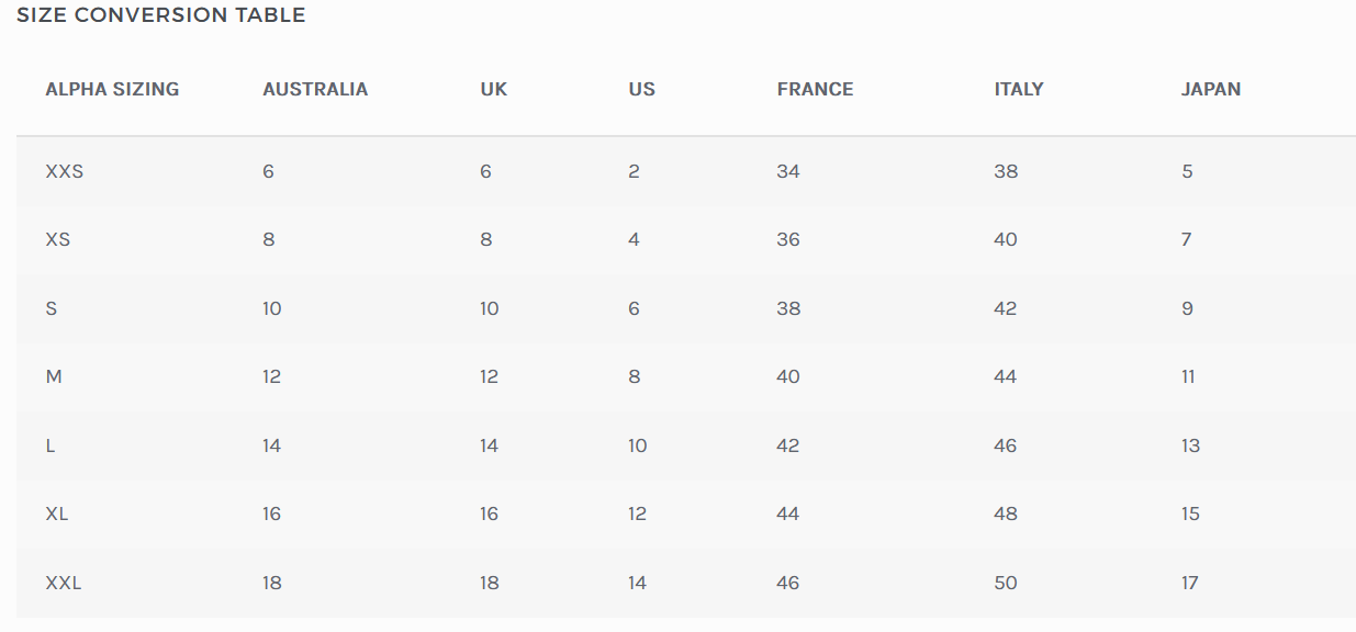 Size conversion chart with different international size equivalents.