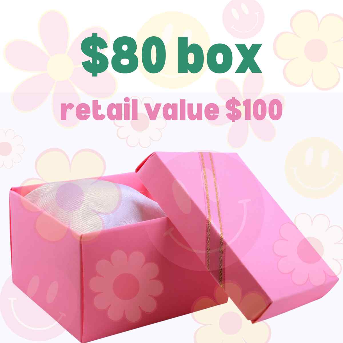 $80 box with $100 retail value, featuring pink gift box.