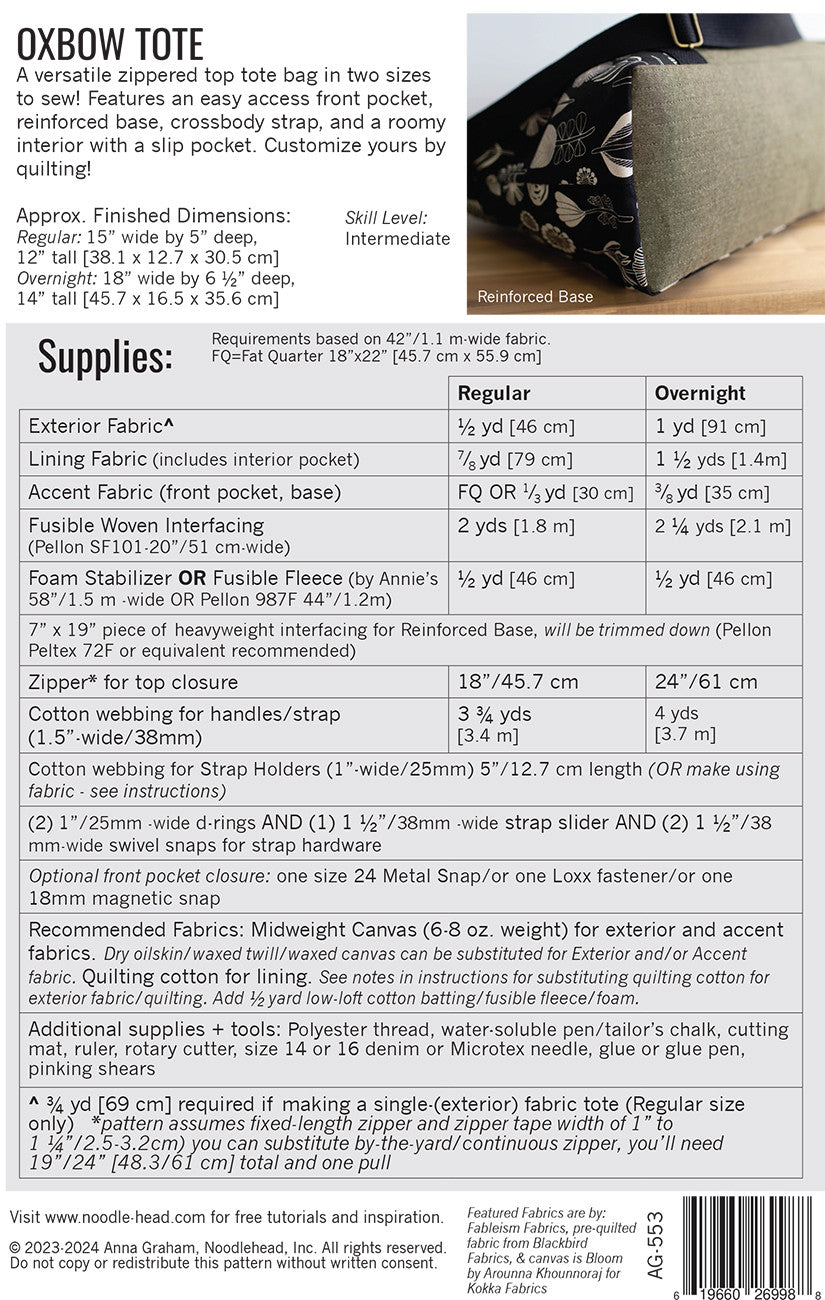 AG-553 Oxbow Tote pattern with supplies list.
