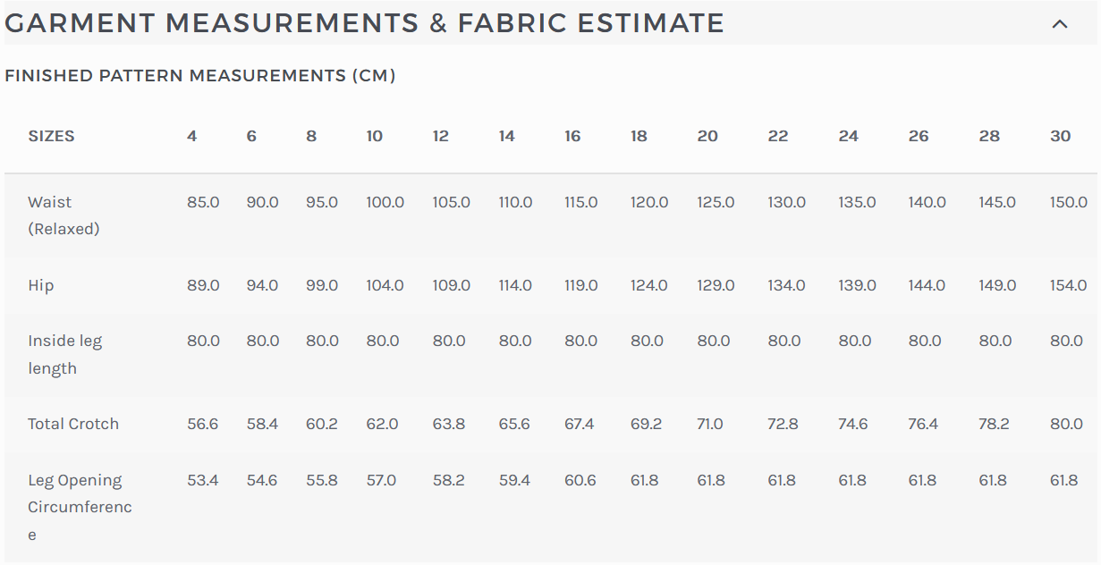 Anna Pant CM measurements chart