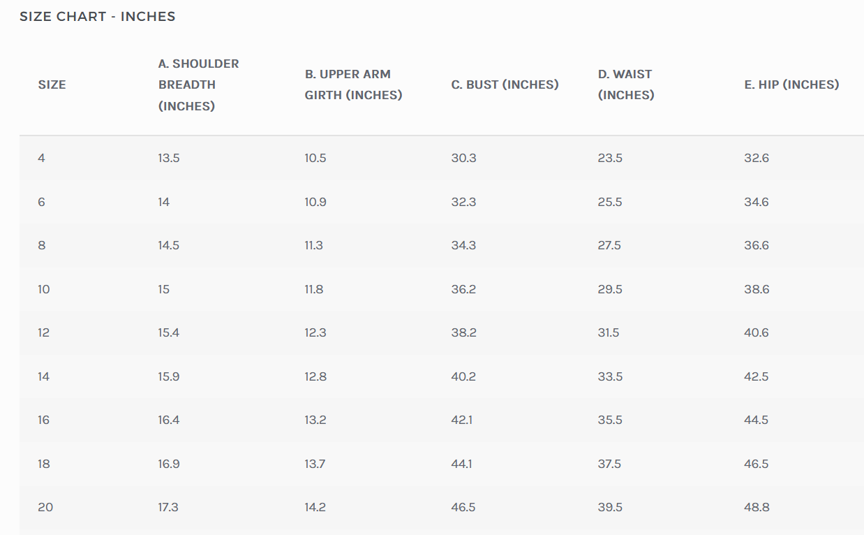 Size chart with measurements in inches.