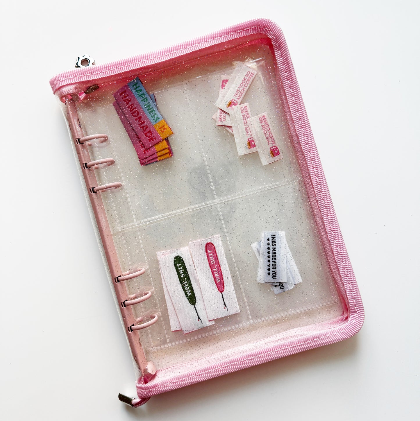 Label Case / Pink / Glitter / with spiral bound hooks for your labels