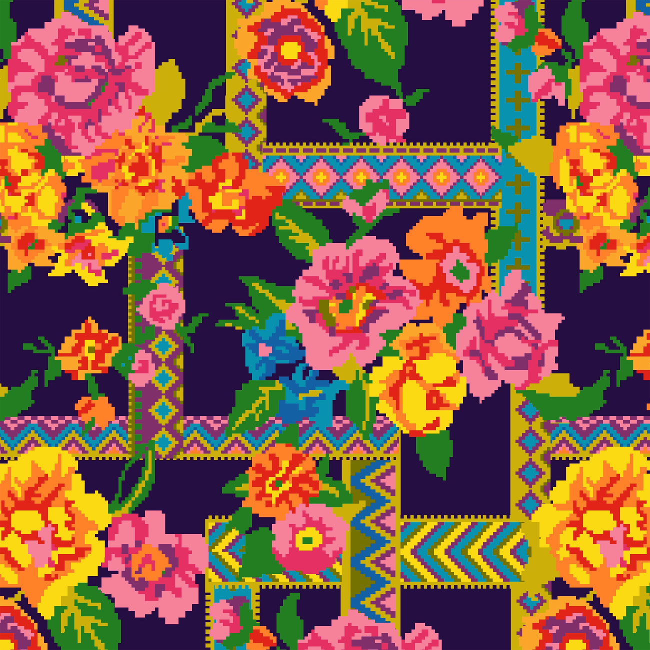 Colorful floral pattern with geometric shapes on a dark background