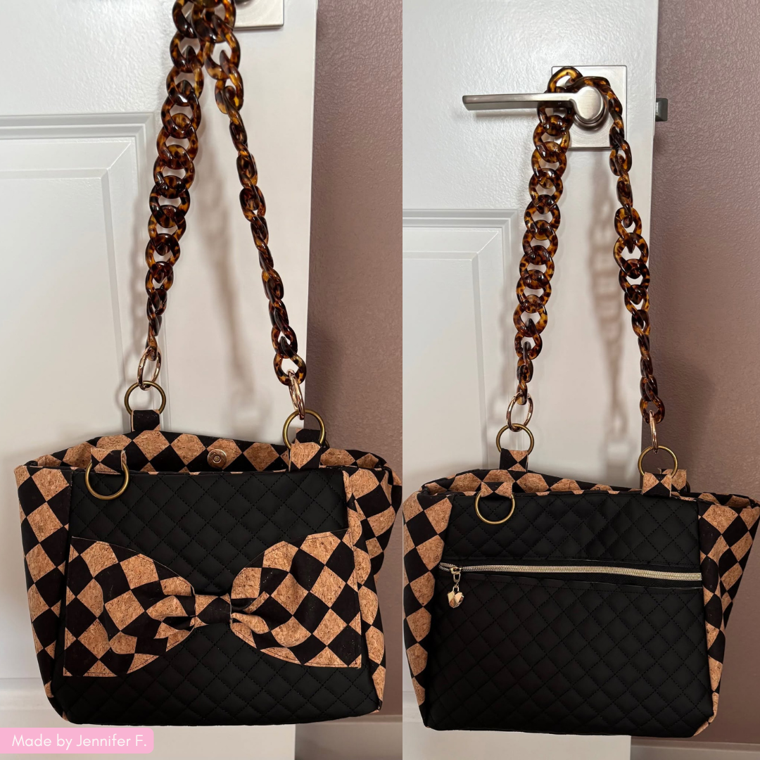 A black quilted handbag with a brown and beige diamond-patterned fabric trim, a matching bow on the front, and a chunky chain strap, shown in a side-by-side split view hanging on a white door.