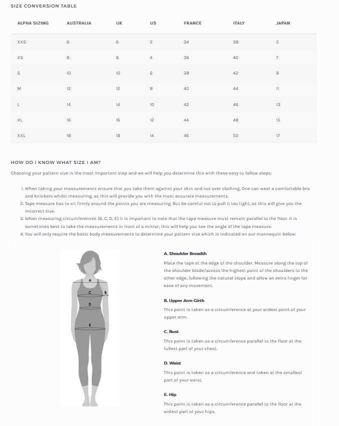 Greta Cape Size Conversion Chart