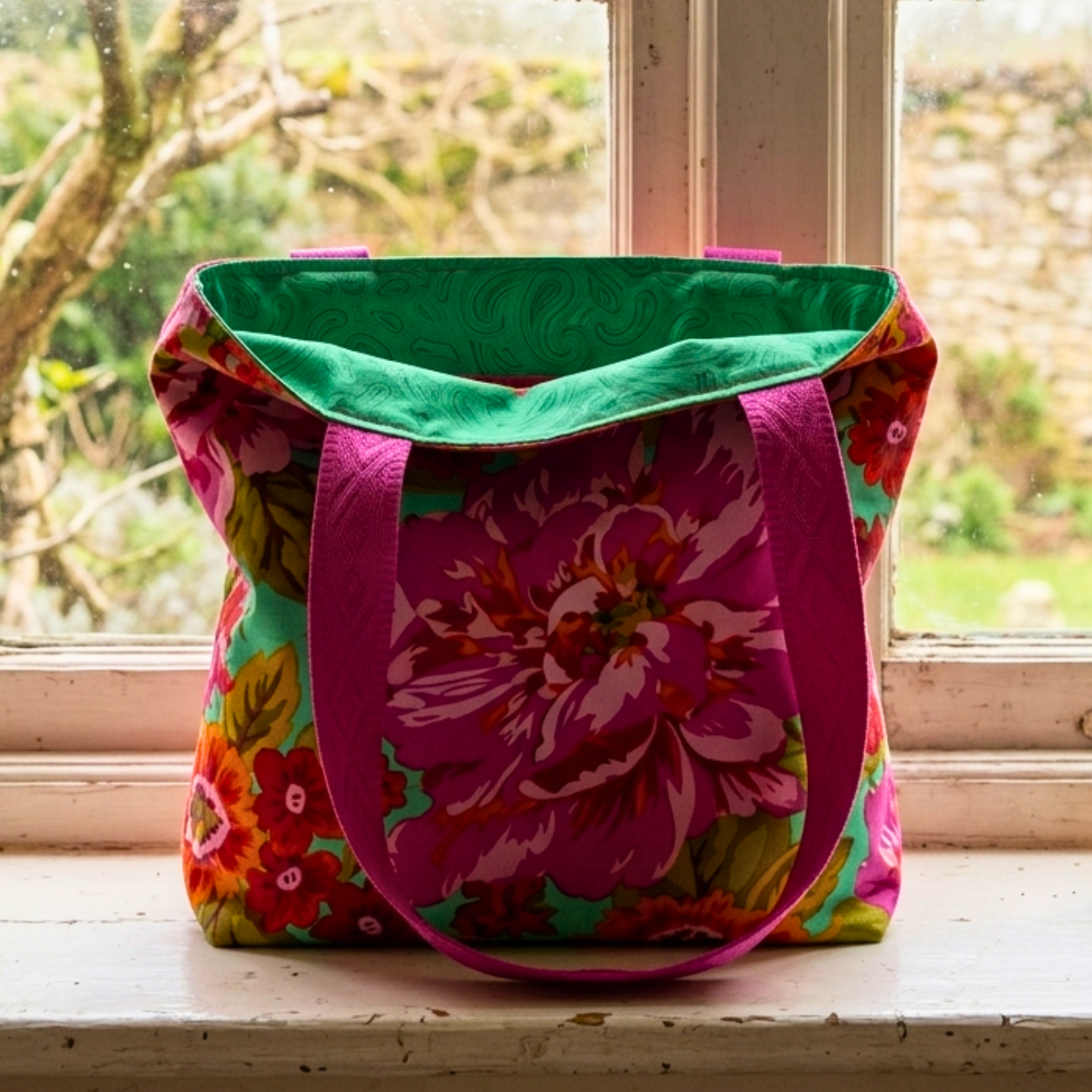 Handmade fabric shoulder bag featuring a teal background with floral patterns, magenta jacquard handles, and a bright green decorative lining.
