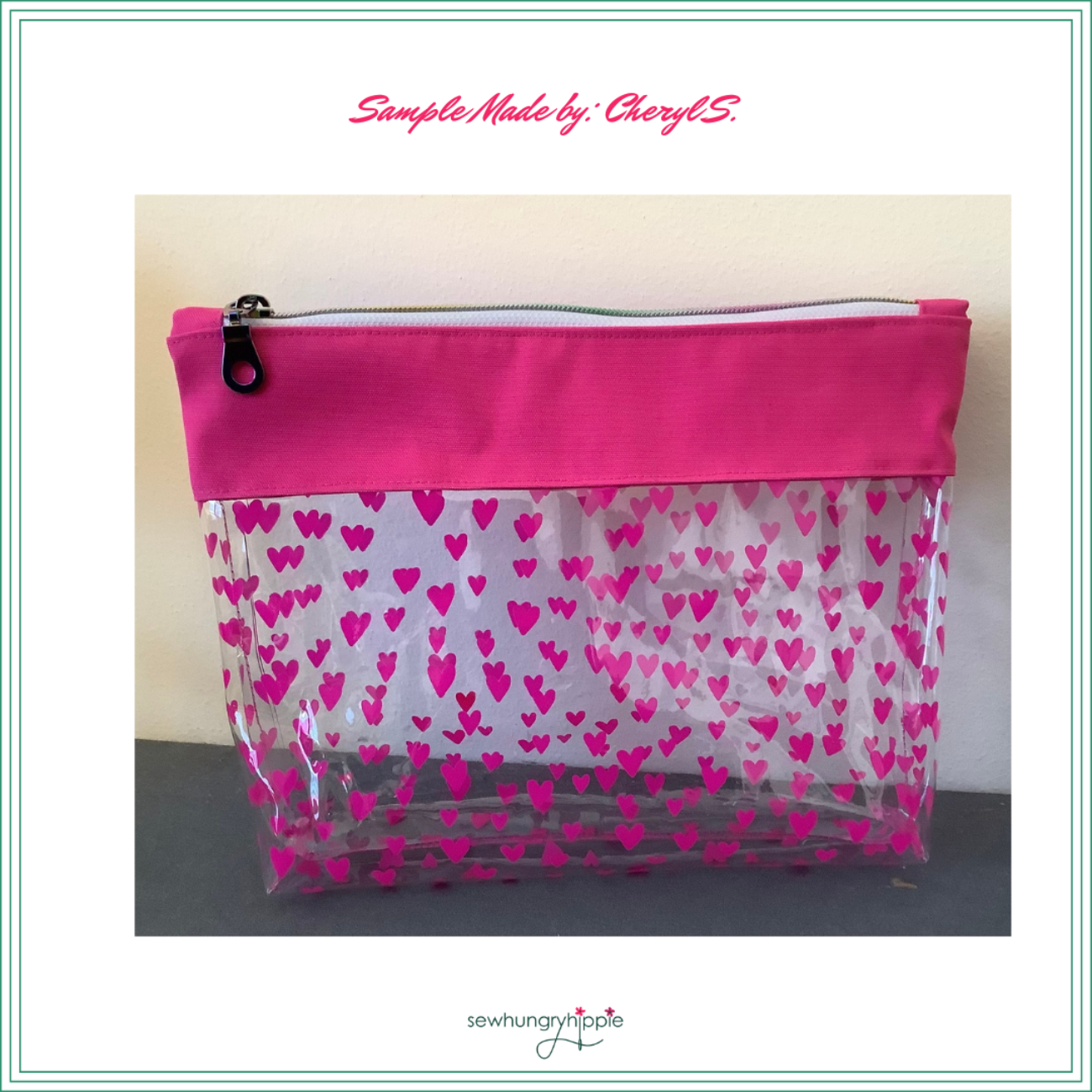 zipper pouch made with hot pink heart TPU vinyl fabric