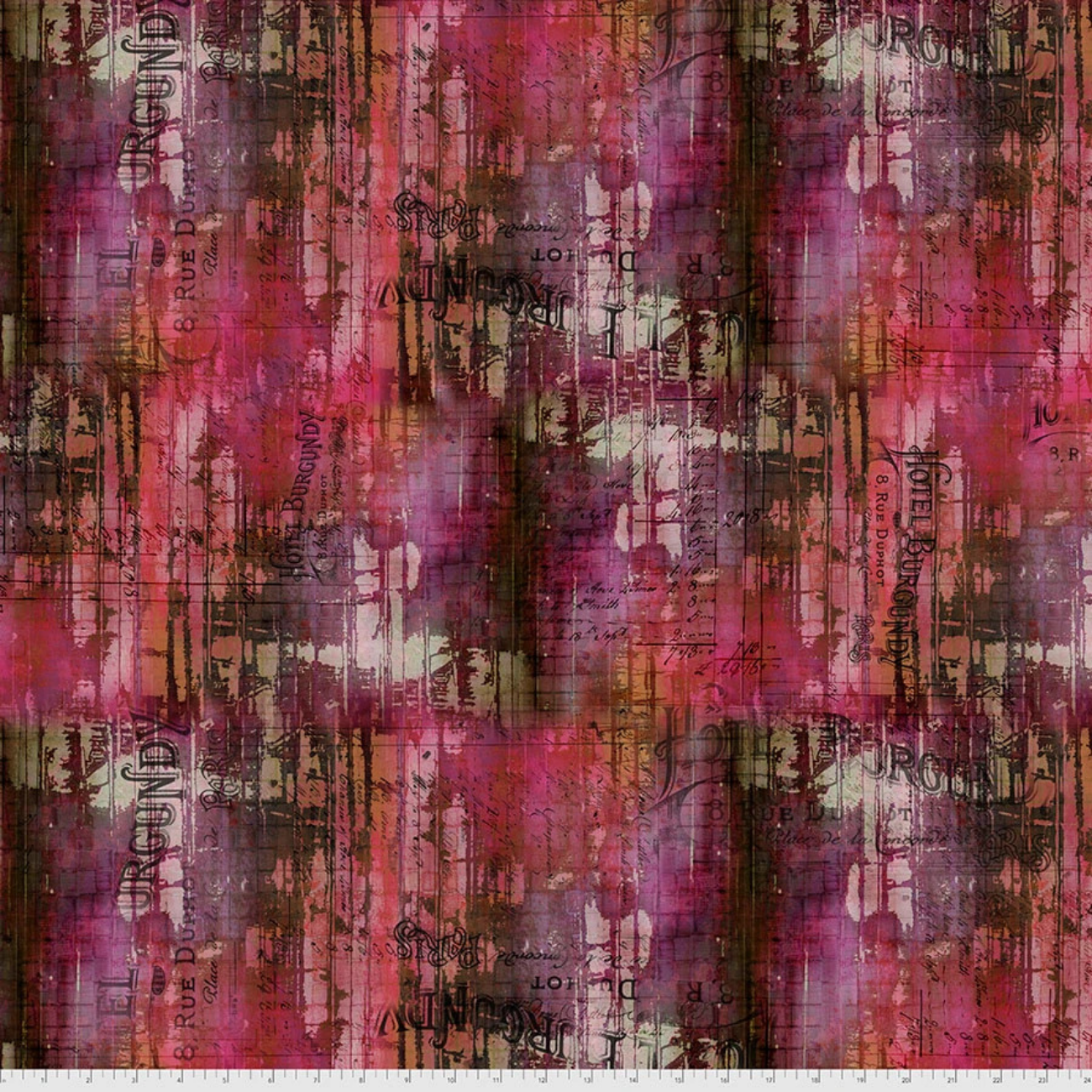 Tim Holtz Abandoned Hotel Burgundy fabric featuring a distressed vintage script and ledger pattern in magenta, plum, and espresso.