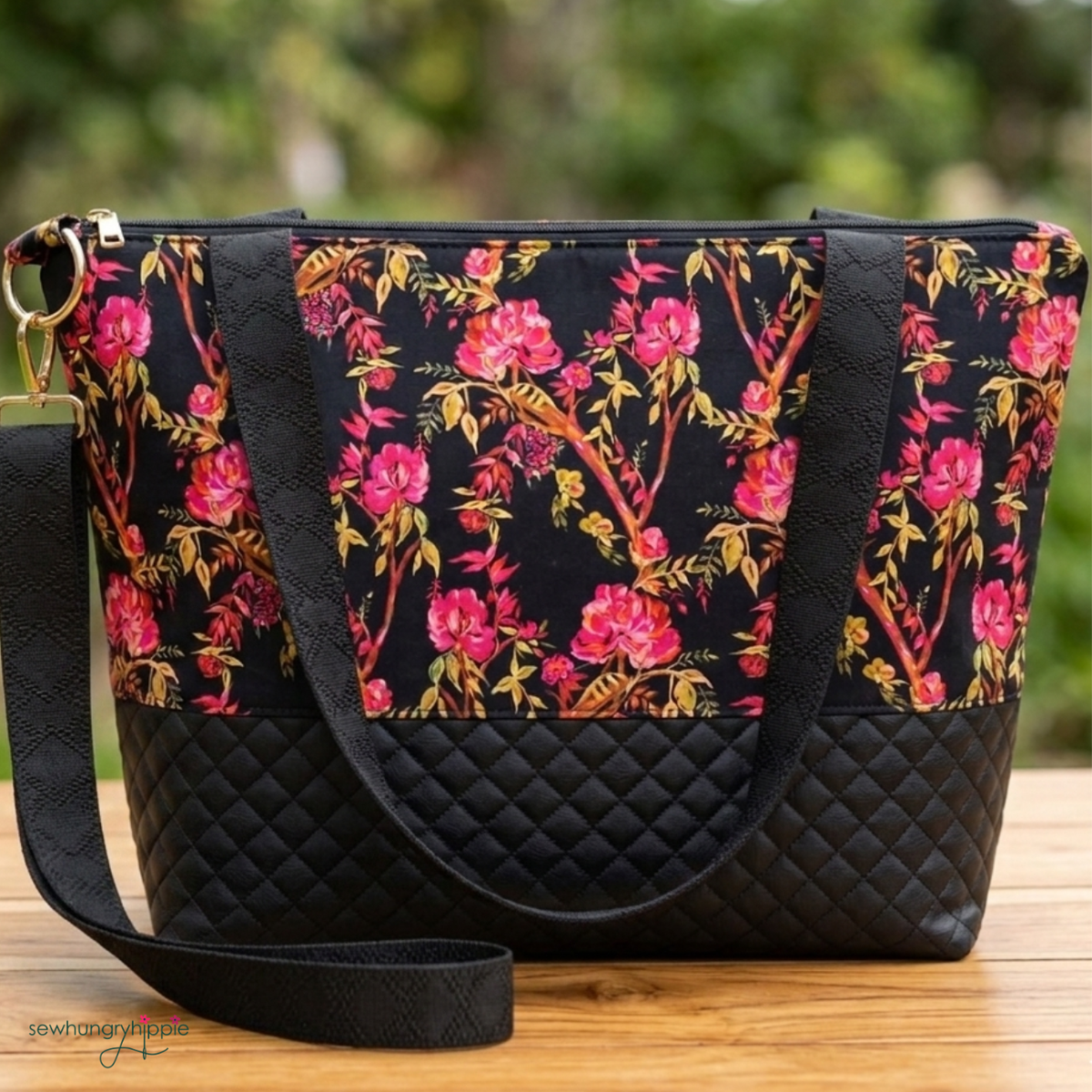 Art Gallery Fabrics Betty Ann’s Glamour floral cotton next to black diamond quilted pre-quilted vinyl