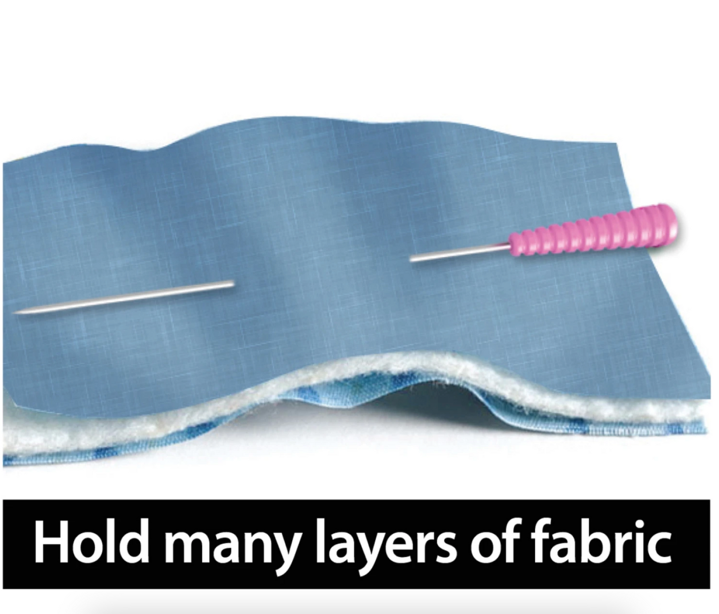 Blue fabric and batting pinned together with a pink extra long Magic Pin text along the bottom reads "holds many layers of fabric"