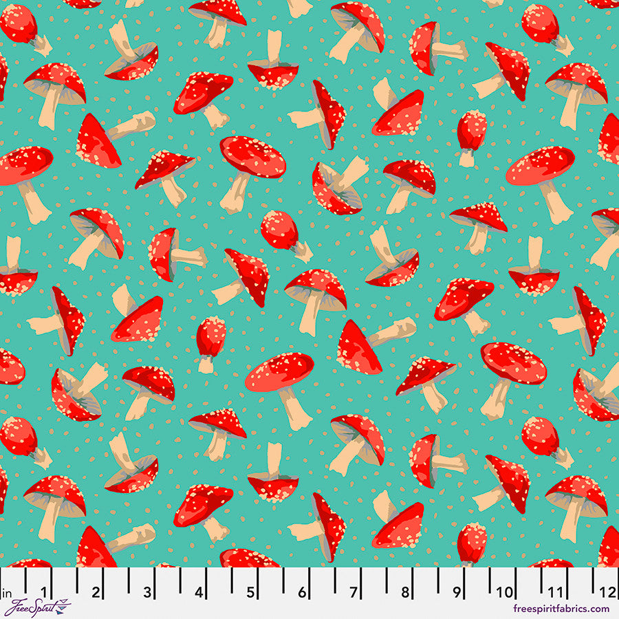 FreeSpirit Forage Small Toadstool Fabric – Aqua by Martha Negley