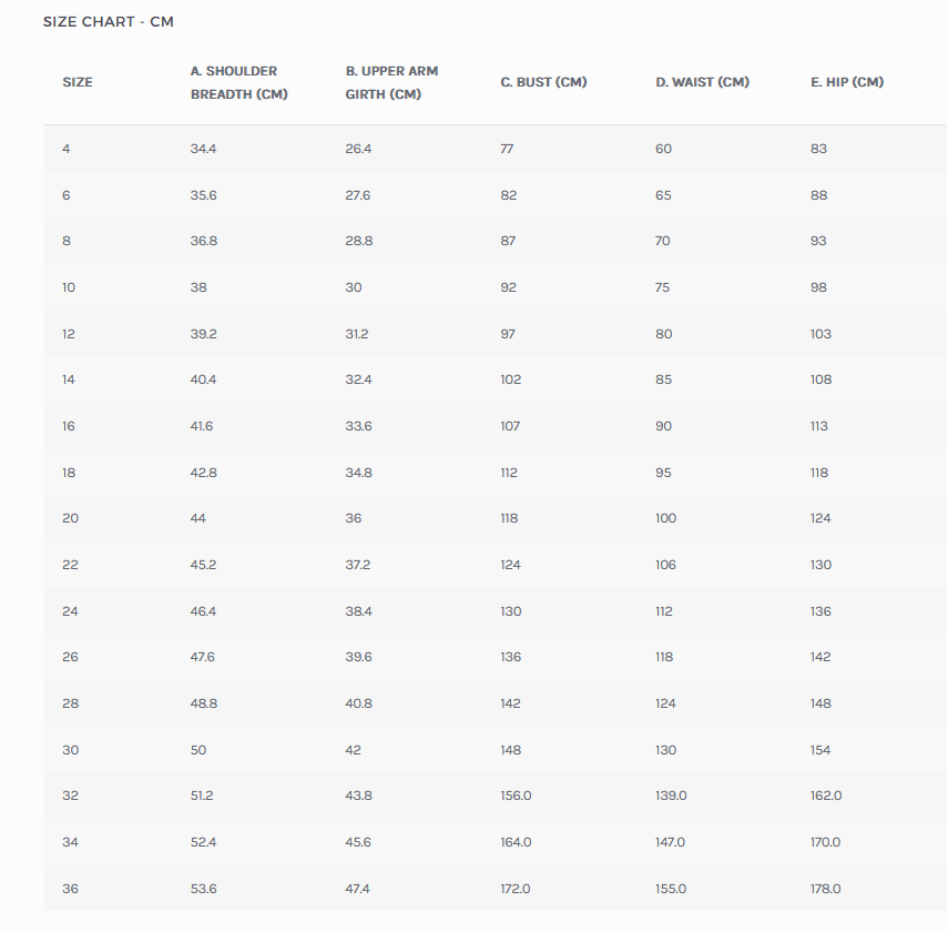 Montana_4 Size Chart