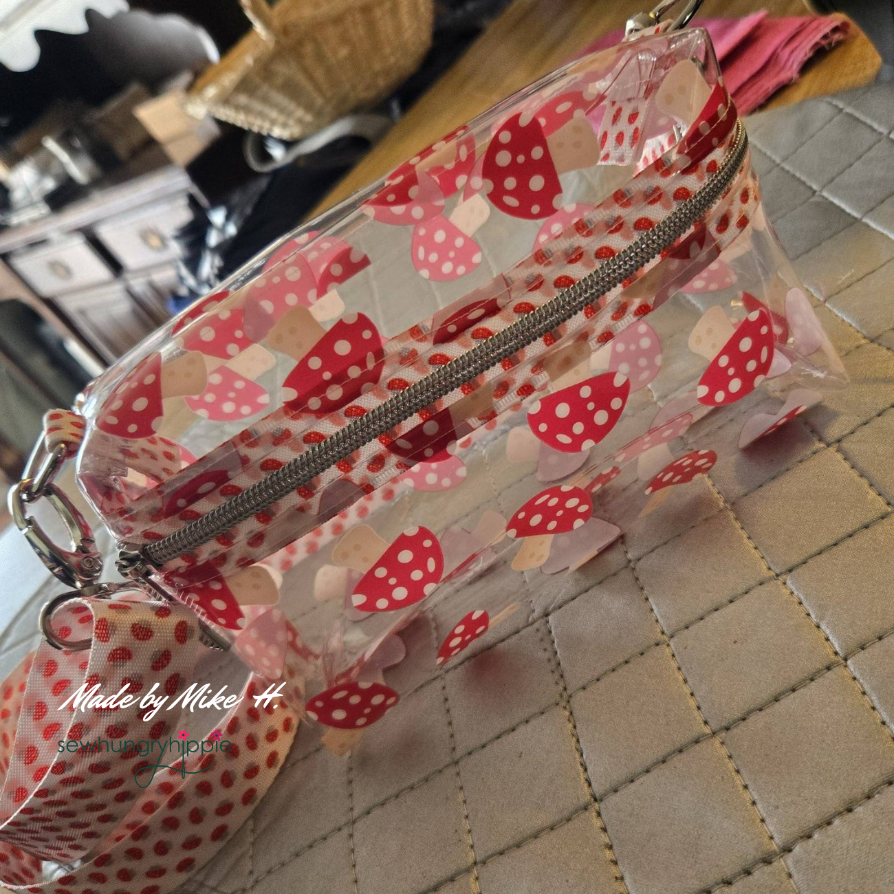 clear vinyl pouch with cute mushroom print for makeup and travel storage