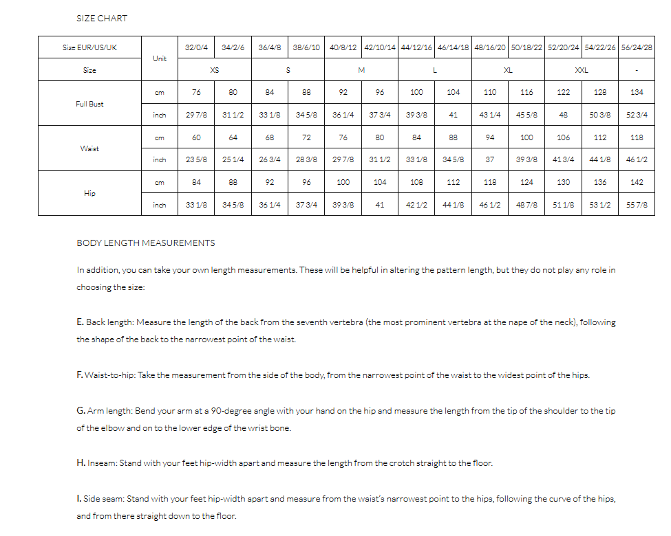 Olivia Size Chart