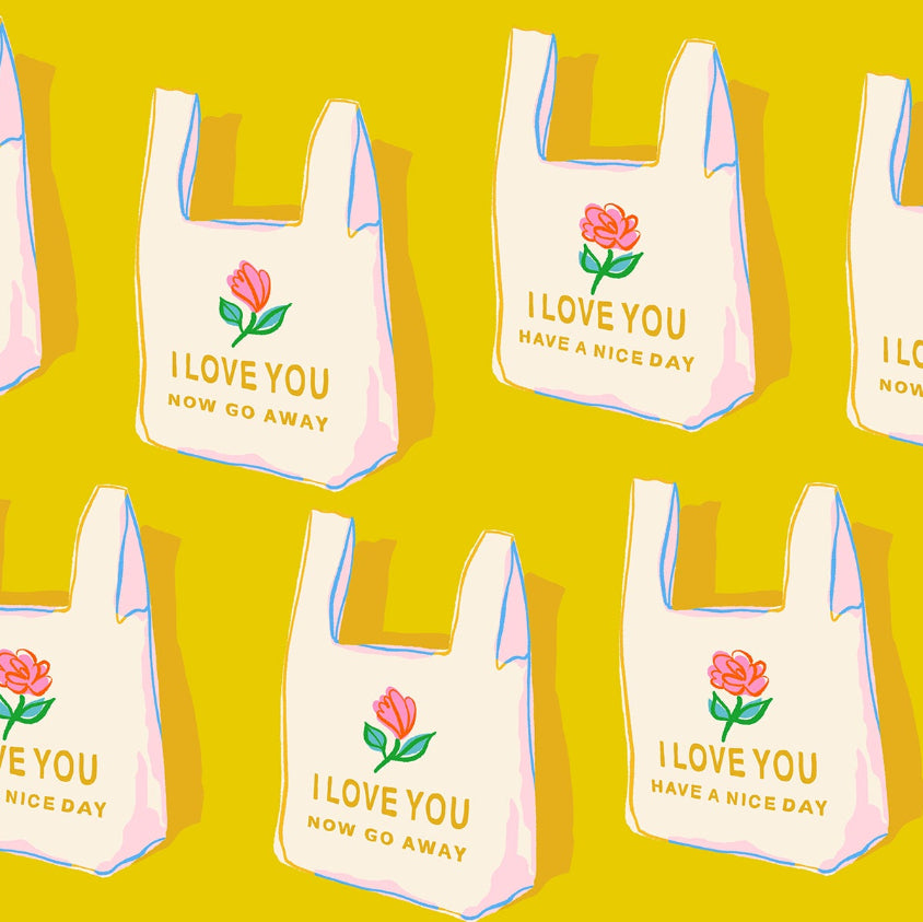 Ruby Star Society Have A Nice Day fabric RS0117-12 yellow vintage shopping bag print from Sparkle Mart collection