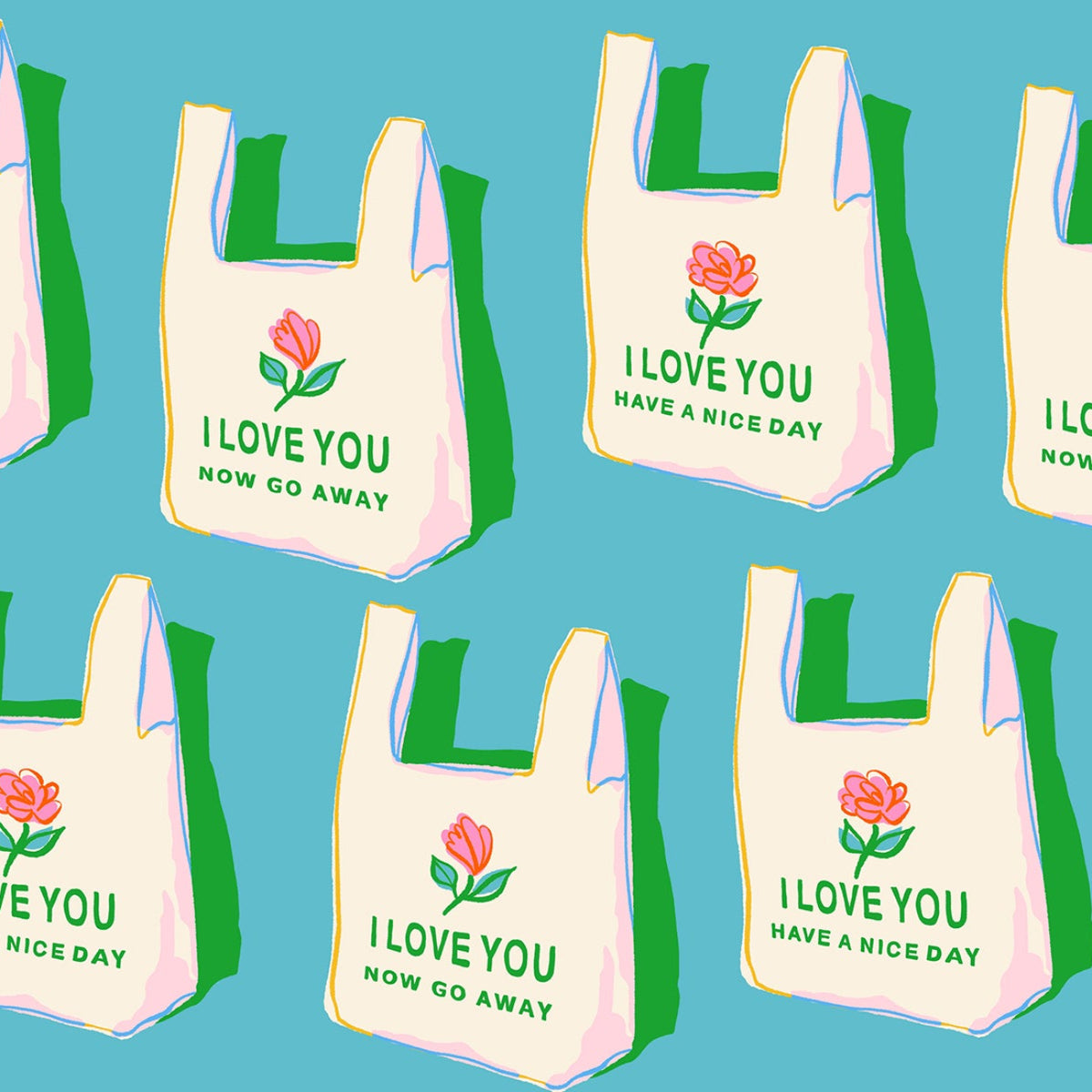 Ruby Star Society Have A Nice Day fabric RS0117-13 turquoise vintage shopping bag print from Sparkle Mart collection
