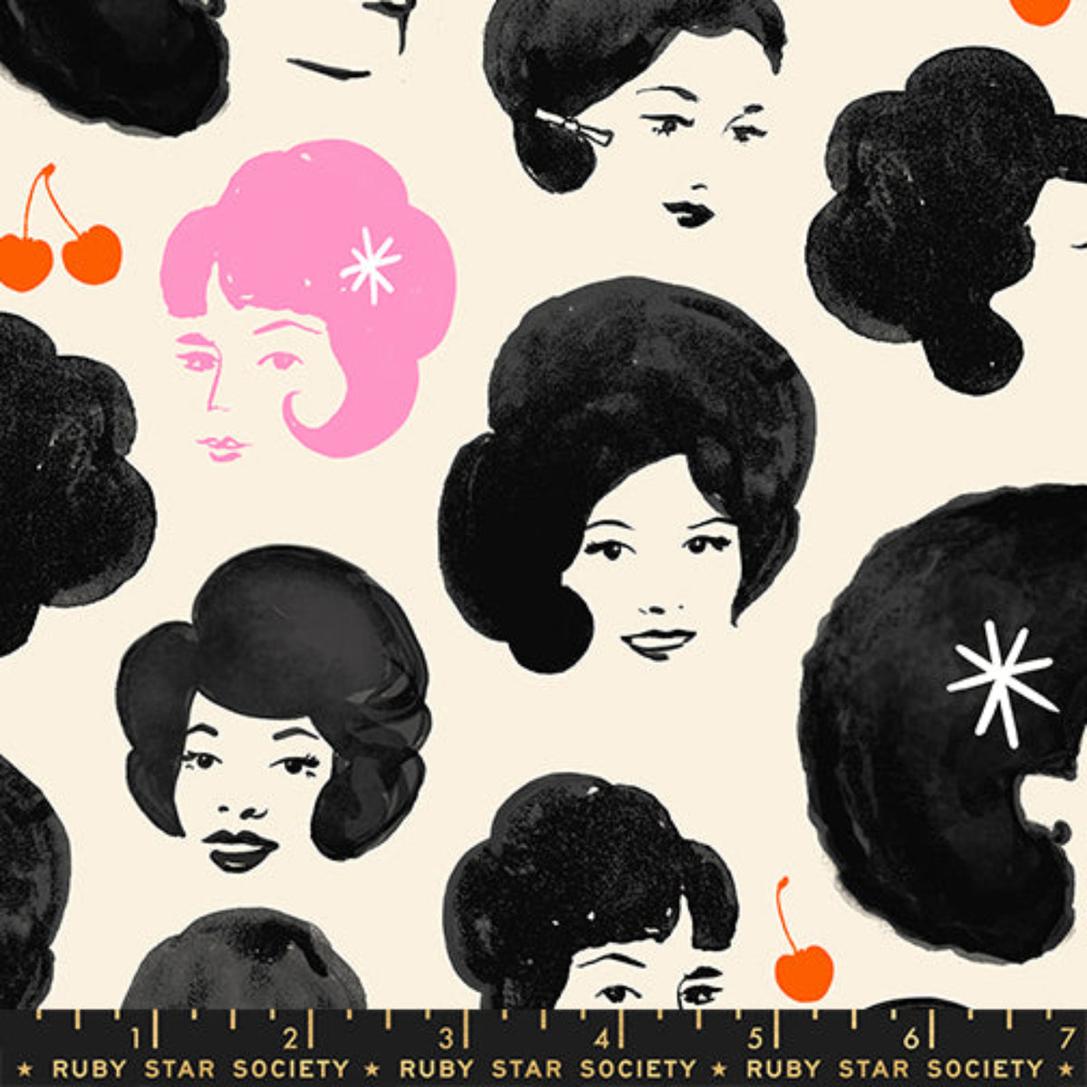 Black quilting cotton fabric with retro illustrated ladies from Sparkle Mart by Melody Miller