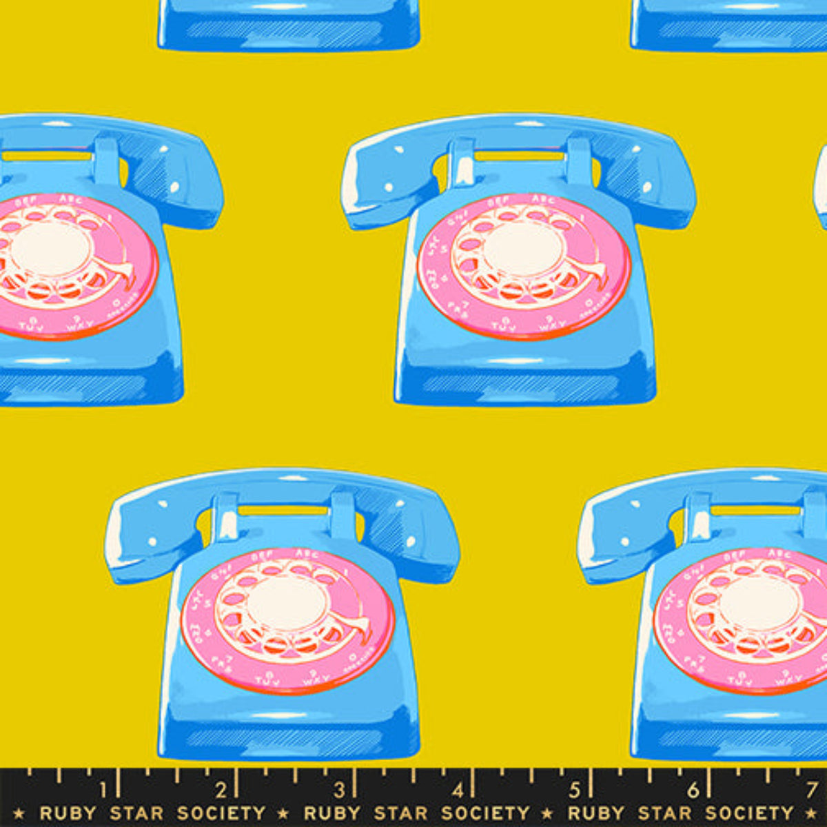 Golden yellow quilting cotton fabric with vintage telephone illustrations from Sparkle Mart by Melody Miller