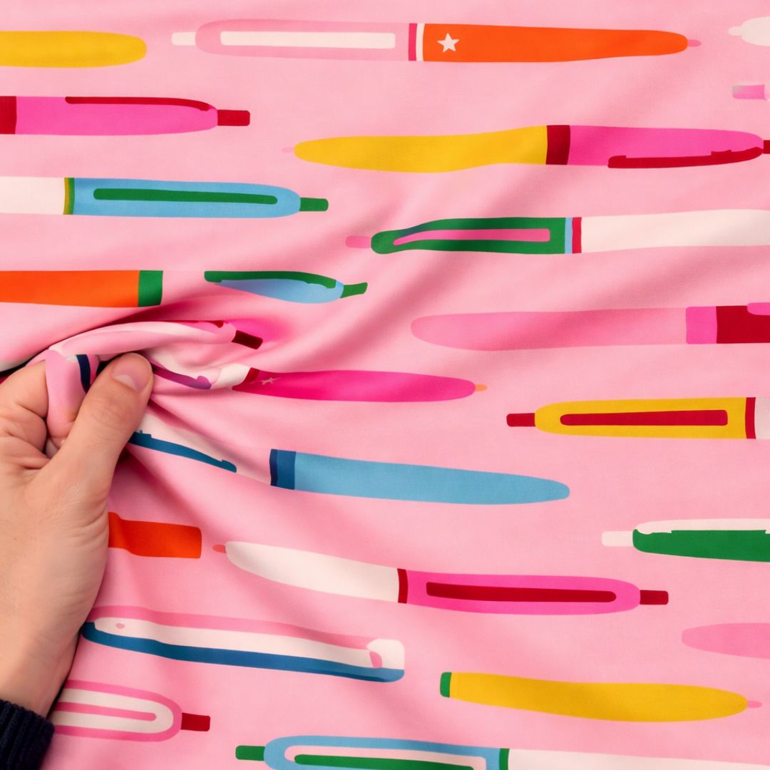 Ruby Star Society Trinketry Balmy Cotton Fabric in Pink Vintage Retro Pens