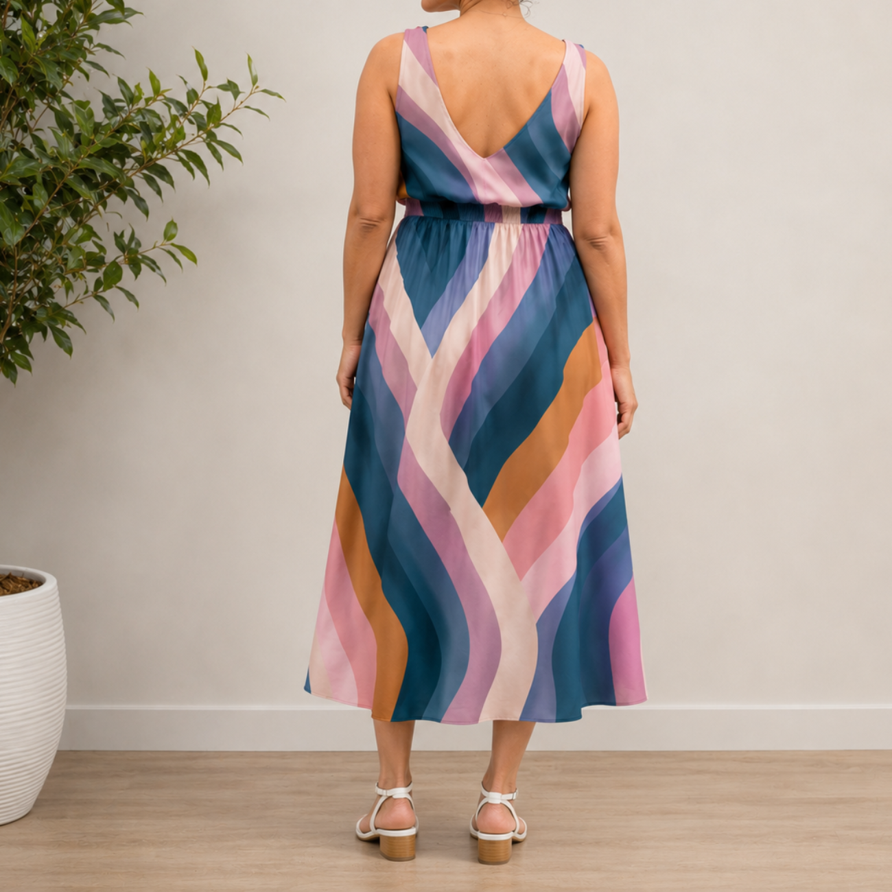 Back view of a woman modeling a V-neck midi dress made with Daydream Rayon Geometric fabric in Pale Twilight. The shot highlights the flowy skirt and the continuity of the retro blue, pink, and mustard geometric stripe pattern across the back.