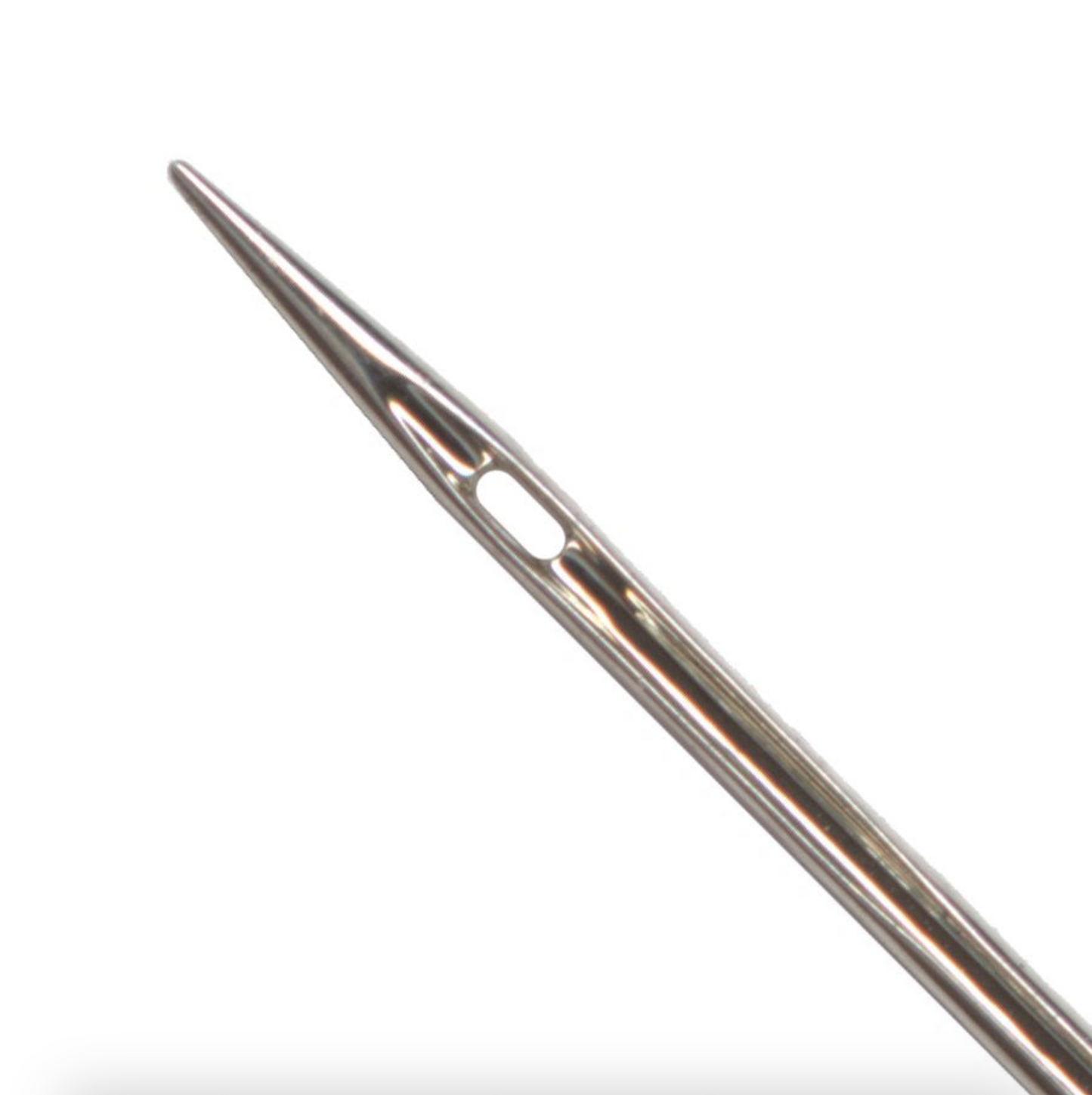 Close up on eye and point of single Schmetz Jersey Ball Point Needle on a white background