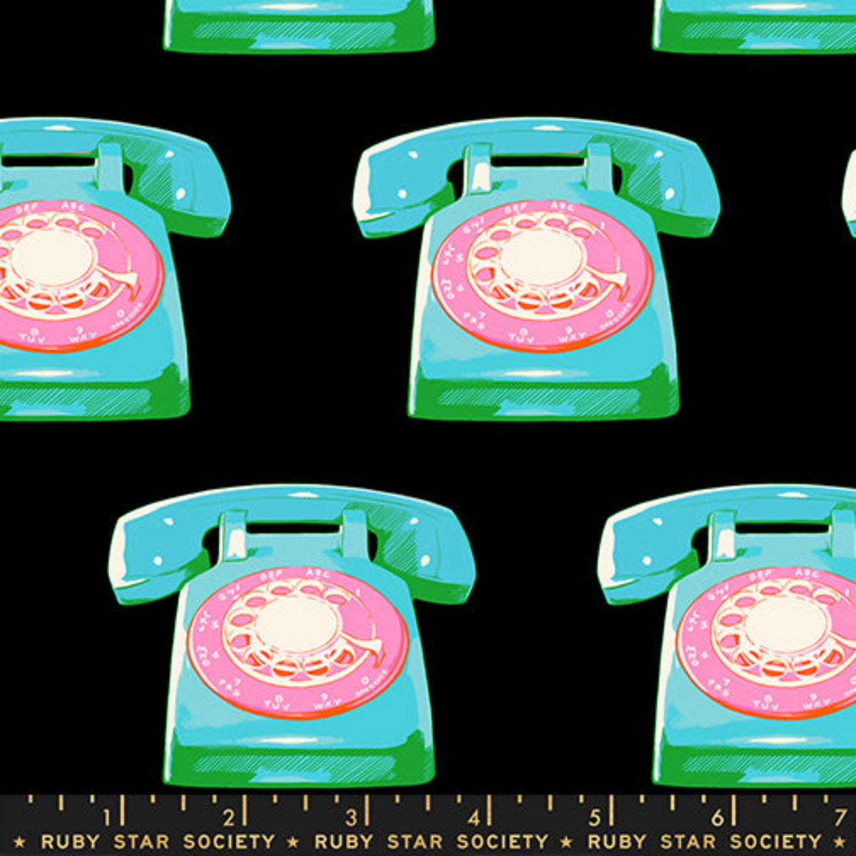 Black quilting cotton fabric with vintage telephone illustrations from Sparkle Mart by Melody Miller