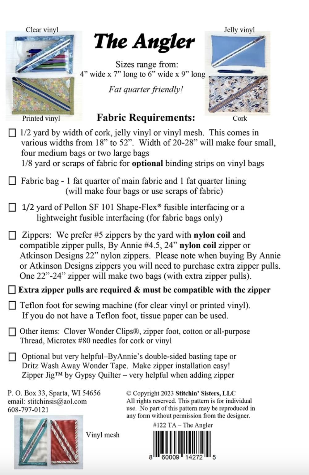 Fabric requirements and information for 'The Angler' bag pattern on a white background.