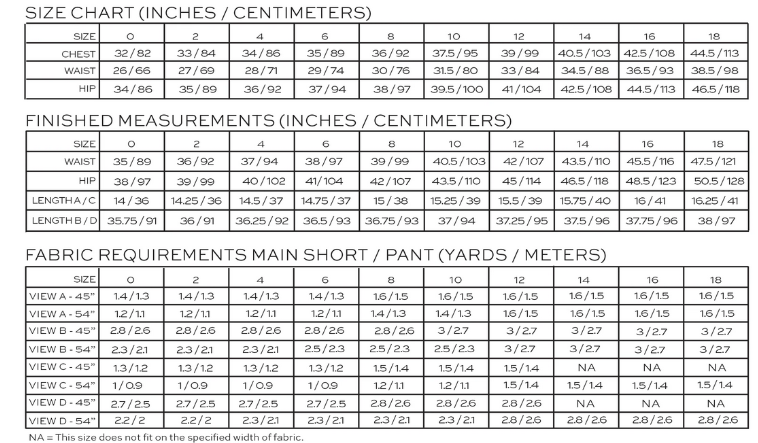 TrueBias Dani Short size chart for fabric and measurements.