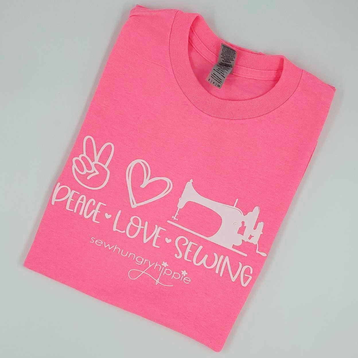Peace Love Sewing T shirt pink
