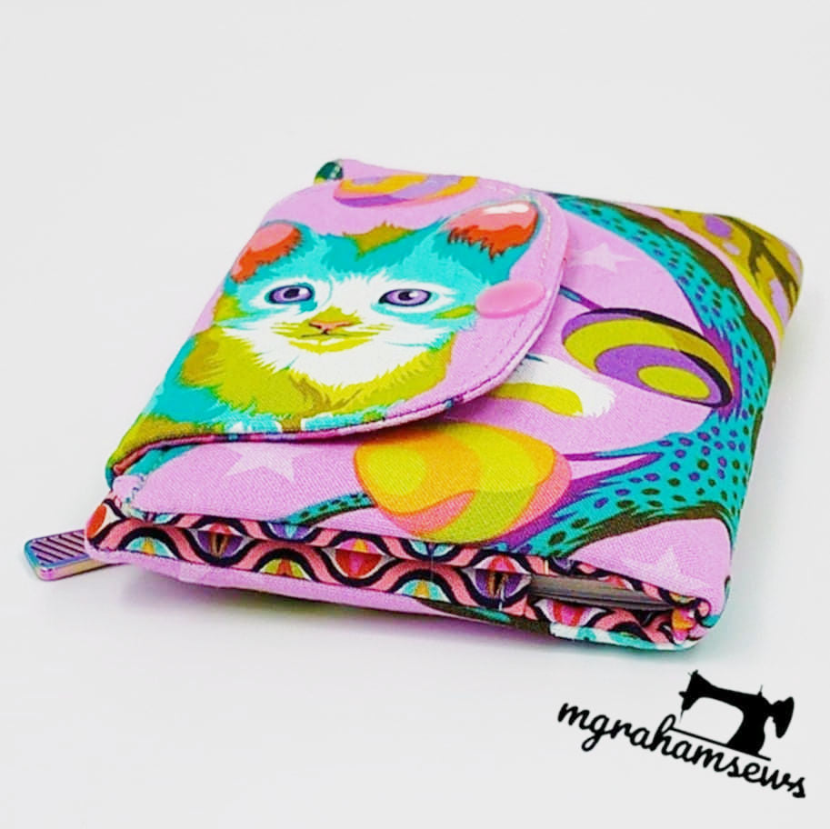 Tula Pink GO passport wallet sewing pattern, featuring a cat design.