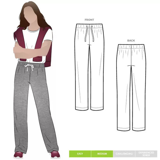 Anna wearing grey sweatpants and illustration of pant style