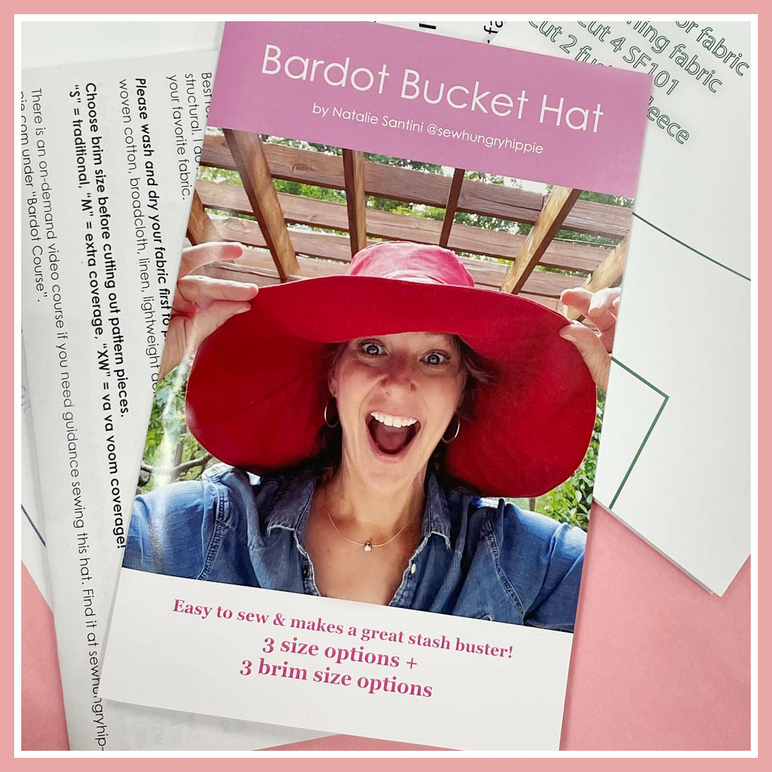 Bardot Bucket Hat cover - woman in red hat