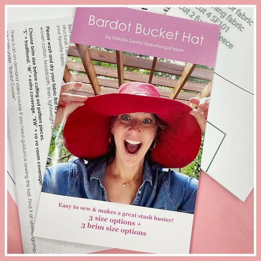 Bardot Bucket Hat cover - woman in red hat