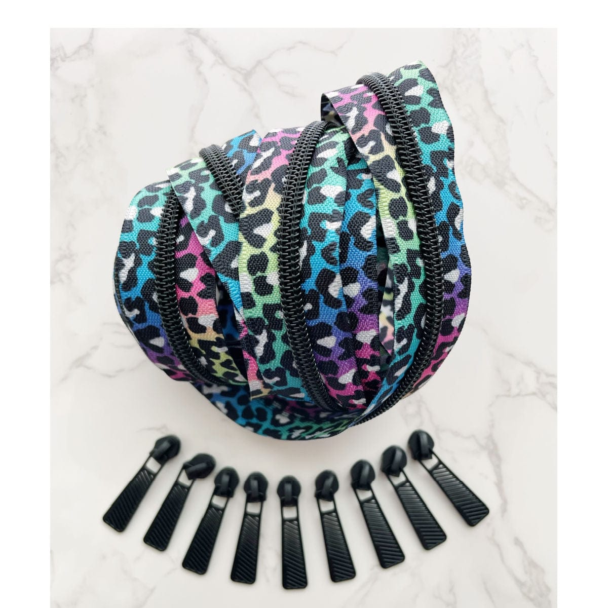 Black and rainbow leopard print zipper with pulls