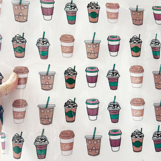 Coffee vinyl sheet with various coffee cup illustrations